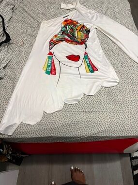 White One-Shoulder Mini Dress with Colorful Headwrap Graphic